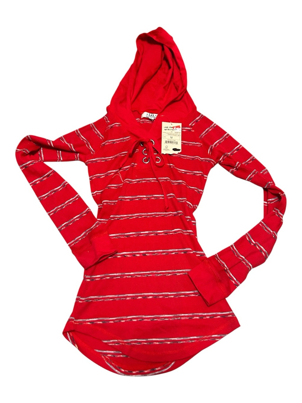 NWT Vintage Y2K L.E.I. Red Striped Lace Up Ribbed Hoodie Top Size Juniors Medium